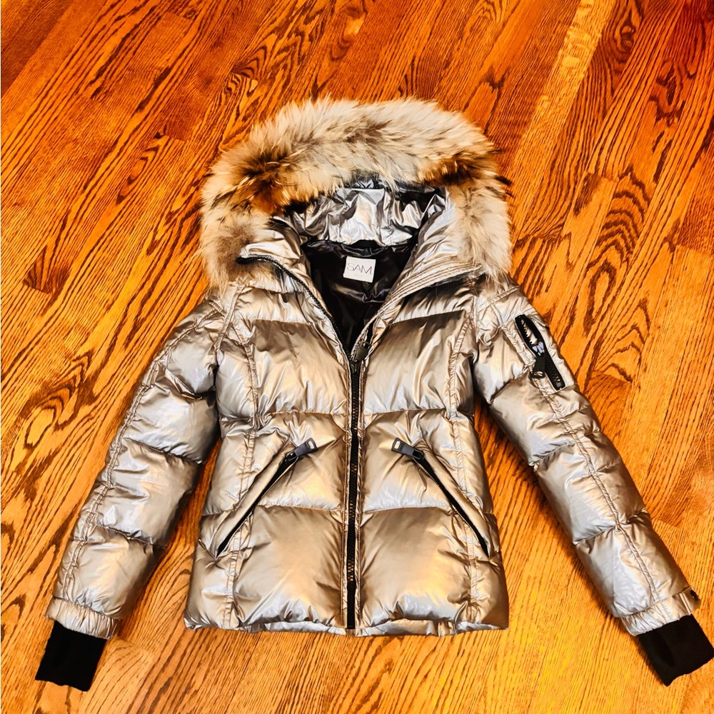 SAM. Metallic Gold Puffer Jacket with Fur Hood